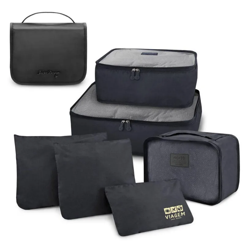 Kit Organizador De Malas 6 Peças + Necessaire Com Gancho Preto