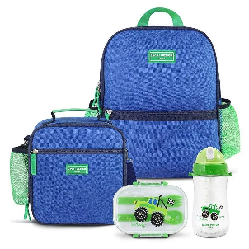 Kit Mochila Escolar Lancheira Térmica Pote Para Lanche E Garrafa 460ml Infantil Verde
