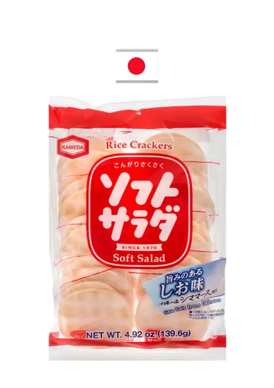 KAMEDA SOFT SALAD SEMBEI 10P 140g - Biscoito de arroz com textura crocante e grelhadas. Origem: Japão