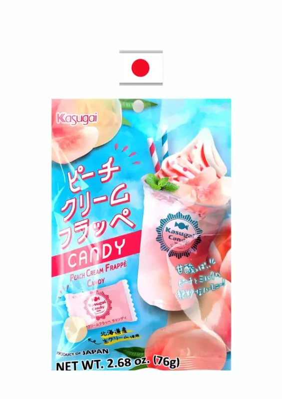 KASUGAI PEACH CREAM FLAPPE CANDY 76g - Bala sabor de frappuccino de creme de pêssego. Origem: Japão