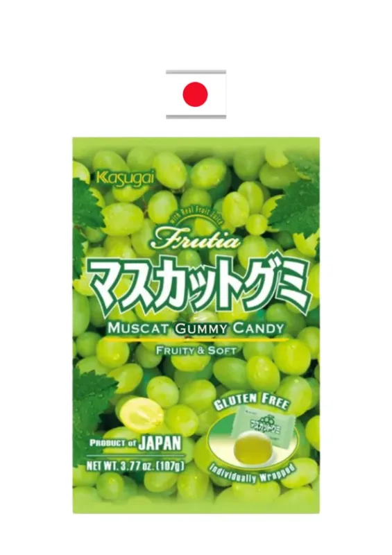 KASUGAI GUMMY MUSCAT 107g - Bala de goma sabor de uva verde. Origem: Japão