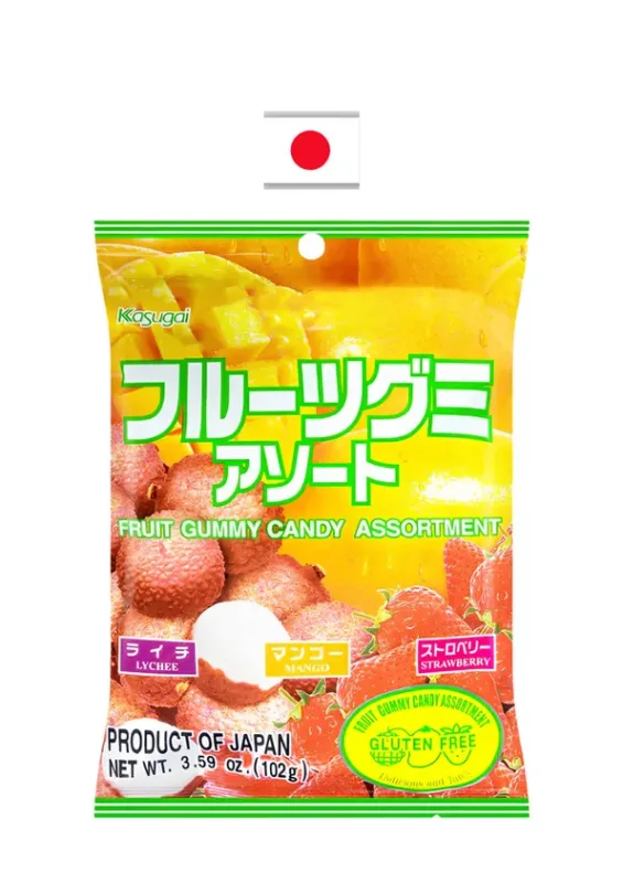 KASUGAI GUMMY ASSORT 102g - Bala de goma sabor de lichia, manga e morango. Origem: Japão