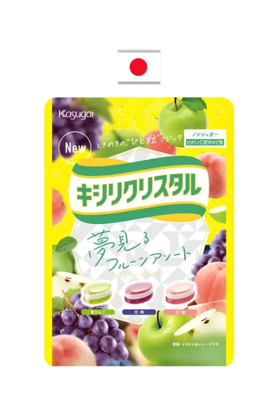 KASUGAI XYLITOL CRISTAL FRUITS ASSORT CANDY 67g - Bala xylitol crystal frutas sortidas (sem açúcar) - uva roxa, maçã verde e pêssego. Origem: Japão