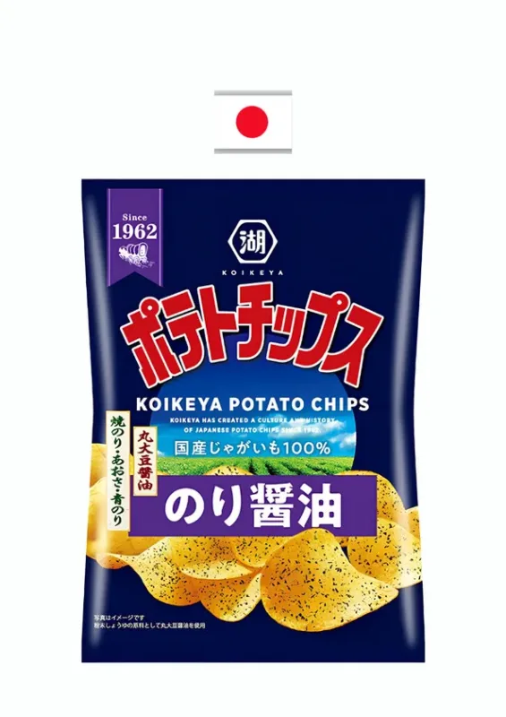 KOIKEYA POTATO NORI SHOYU FLAVOR 50g - Batata frita com alga marinha nori e toque de shoyu. Origem: Japão