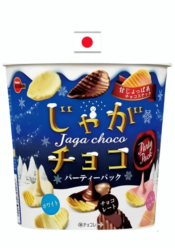 BOURBON JAGA CHOCO PARTY PACK 120g - Batata coberta com chocolate sabor: branco, ao leite e morango. Origem: Japão (VENCIMENTO 07/2025)