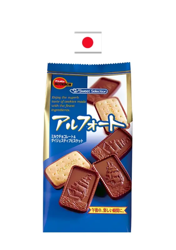BOURBON ALFORT CHOCOLATE COOKIES 90g - Biscoito digestivo com cobertura de chocolate ao leite e meio amargo. Origem: Japão