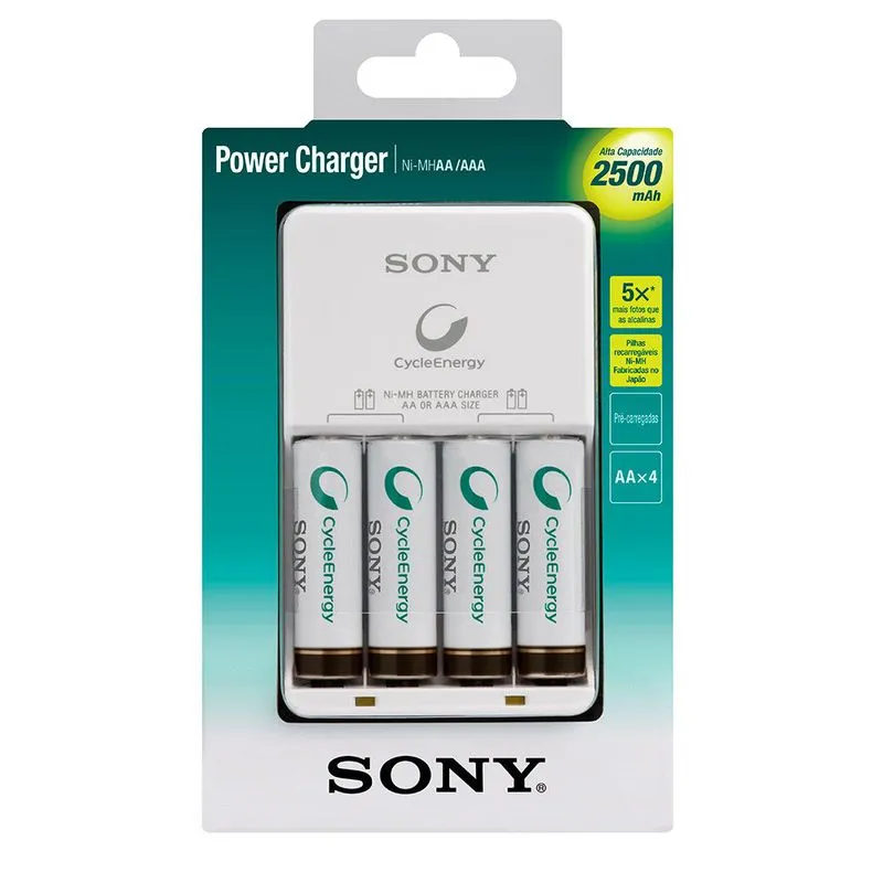 Carregador de Pilhas Sony com 4 Pilhas AA 2500mAh Multi-Use Premium Bivolt (BCG-34HH4GN)