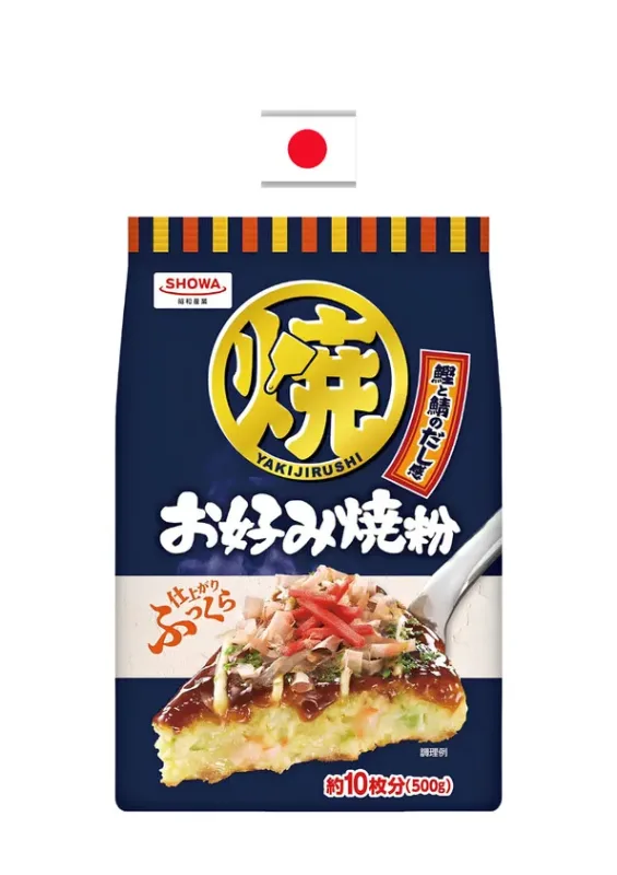 SHOWA OKONOMIYAKI KO 450g - Mistura pronta em pó para o preparo de okonomiyaki (prato japonês de teppanyaki, uma panqueca salgada). Origem: Japão