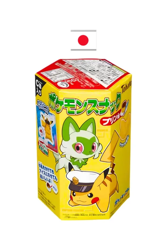 TOHATO PK PUDDING SNACK 23g - Snack folhado de milho com sabor de pudim em formato de pikachu. Origem: Japão