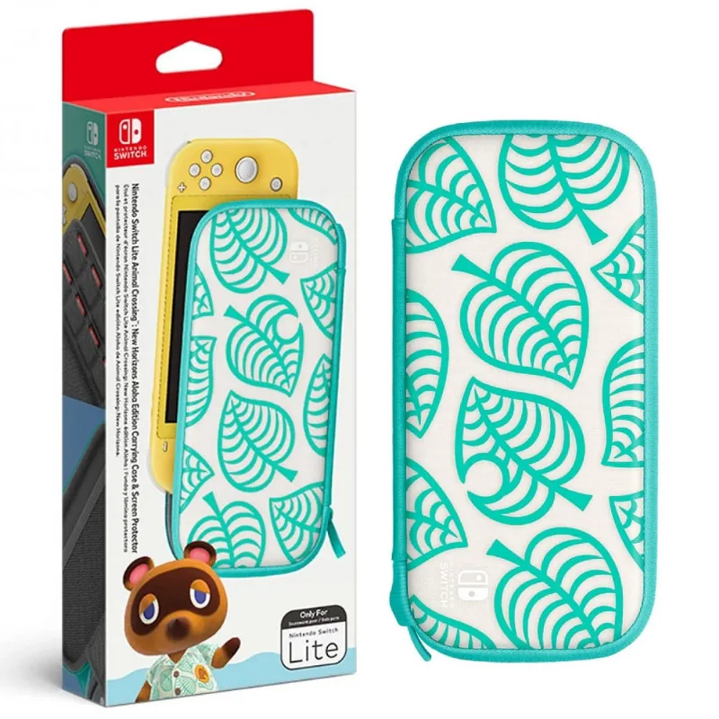 Bolsa original nintendo switch lite animal crossing case proteçao verde E branco folhas ac