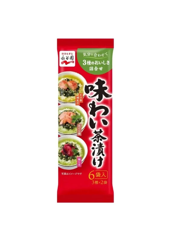 NAG OCHAZUKE 6P AJIWAI 27g - Tempero para arroz com chá verde (ochazuke sortido - 3 sabores) - salmão, ovas apimentadas e ameixa com shiso (umeshiso). Origem: Japão