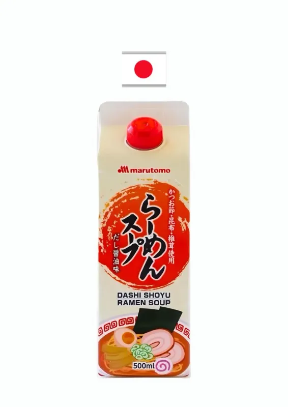 MARUTOMO DASHI SHOYU RAMEN SOUP 500ml - Preparo concentrado para caldo de ramen sabor dashi shoyu. Origem: Japão.