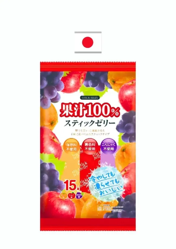 RIBON STICK JELLY 15UN 245g - Gelatina formato stick sabor maçã, uva e laranja. Origem: Japão