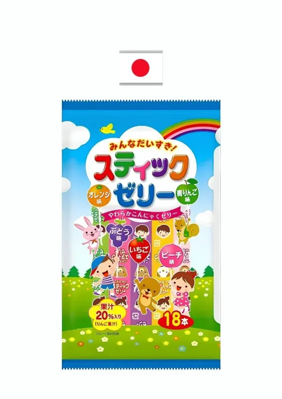 RIBON STICK JELLY 18UN 290g - Gelatina formato stick sabor de laranja, maçã verde, uva, morango e pêssego. Origem: Japão