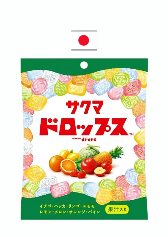 SAKUMA FUKURO IRI DROPS CANDY 105g - Bala de frutas em 8 sabores e 5 formatos: morango. hortelã, maçã, ameixa. limão, melão, laranja, abacaxi. Origem: Japão