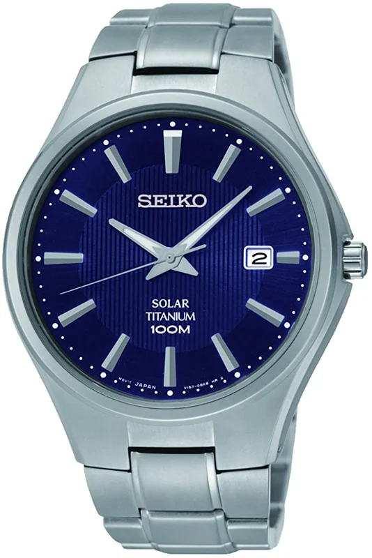 Seiko Mens Classic Solar Watch with Blue Dial and Titanium Strap SNE381P9