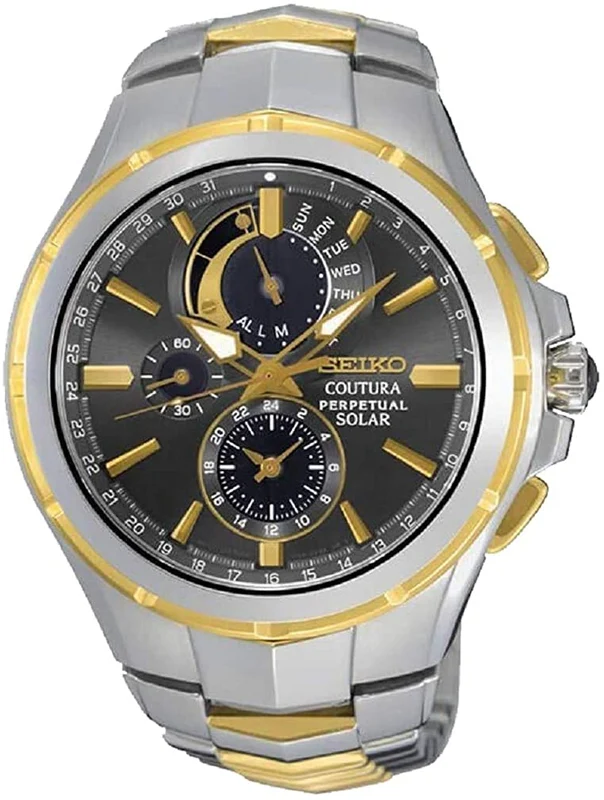Seiko Mens Coutura Perpetual Solar Watch With Grey Dial and Silver & Gold Bracelet SSC376P9