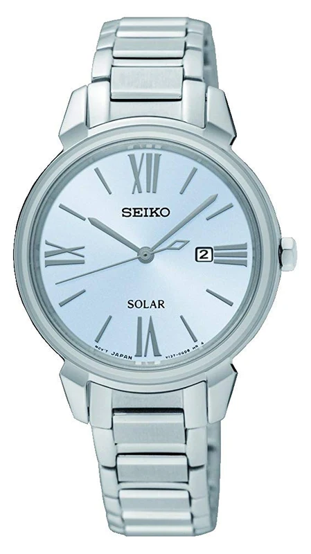 Seiko Ladies Solar Powered Watch with Silver Dial and Stainless Steel Strap SUT323P1