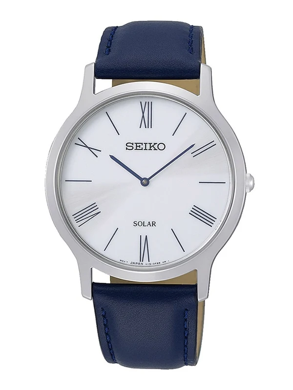 Seiko Mens Solar Watch with Blue Leather Strap and White Dial SUP857P1