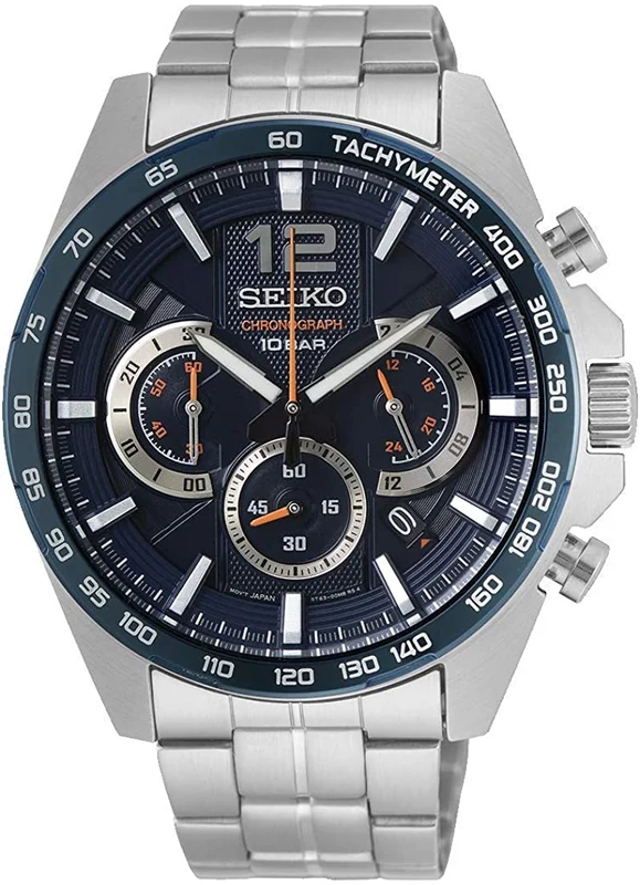 Seiko Mens Chronograph Watch with Blue Dial and Stainless Steel Strap SSB345P1