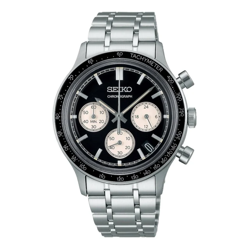 Seiko Racing Sports Mens Chronograph Watch with Black Dial and Silver Bracelet SSB479P1