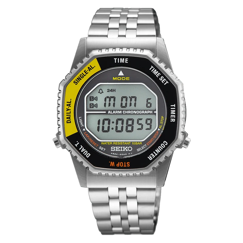 Seiko Mens Digital Watch with Black and Yellow Dial Silver Bracelet SMGG17P1