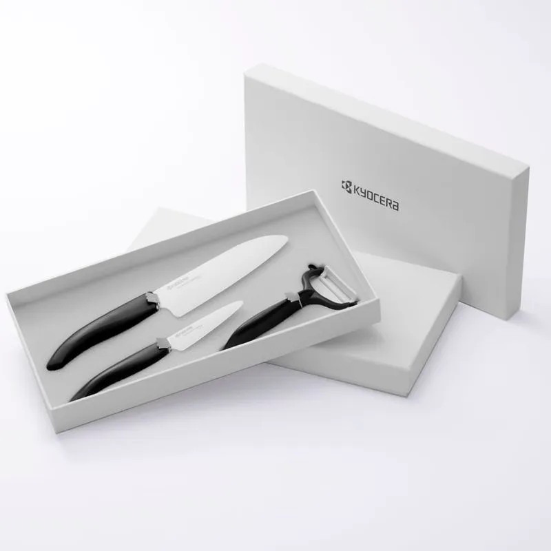Kit Duas Facas Cerâmica 3,0' E 5,5' Santoku E Descascador Cerâmica Preto Kyocera