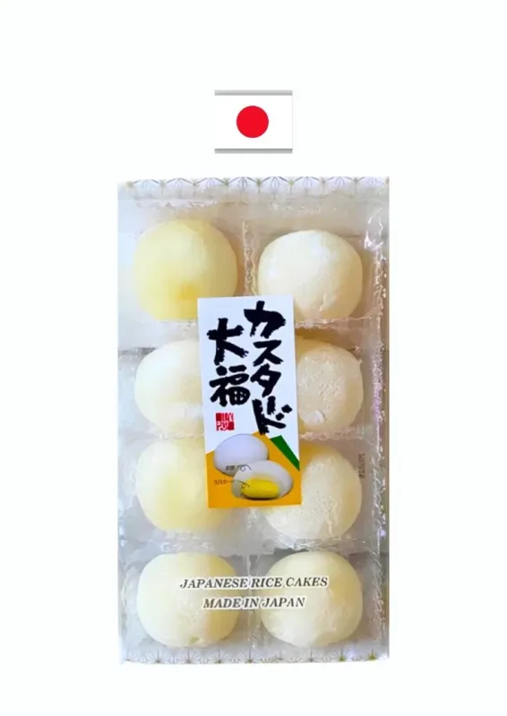 KUBOTA DAIFUKU CUSTARD 8P 200g - Doce de farinha de arroz moti com recheio de doce custard. Origem: Japão