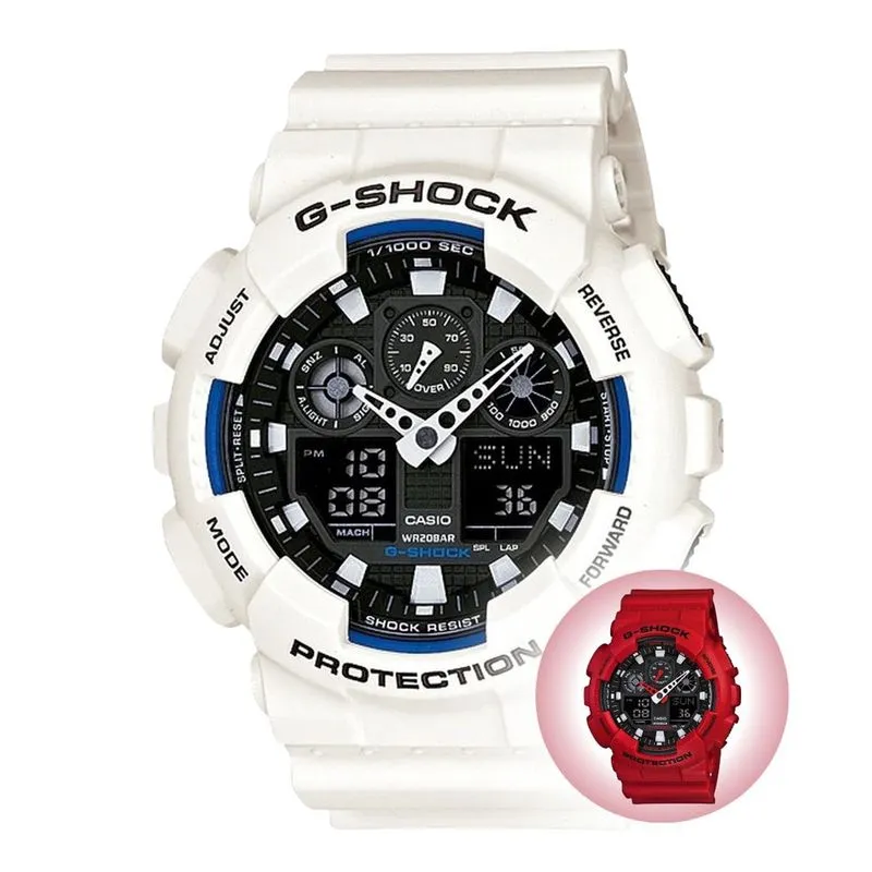 Relógio de Pulso Casio G-Shock Masculino Analógico Digital Esportivo Resistente a Batidas Hora Mundi 5 Alarmes Prova Dágua 200 Metros GA-100B Cores Vivas Vermelho Branco Original