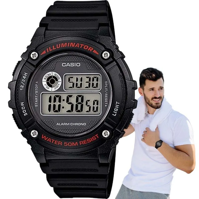 Relógio de Pulso Casio Masculino Digital Esportrivo Prova Dágua 50 Metros Illuminator Redondo Leve Alarme Cronometro Preto W-216H-1AVDF