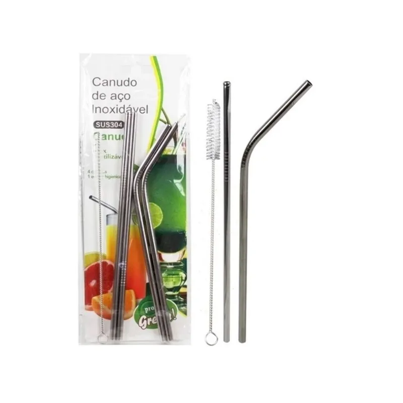 CANUDO DE AÇO INOX INOXIDÁVEL REUTILIZÁVEL ECOLÓGICO PORTÁTIL 4 PEÇAS + ESCOVA DE LIMPEZA PARA BEBIDAS, DRINK, MILK SHAKE