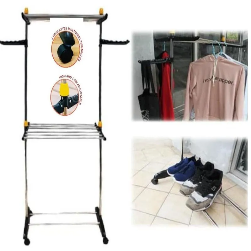 Guarda Roupa Arara Varal De Chao 2 Andares Com Cabideiro E Sapateira Com Rodinhas Em Inox Multifuncional Desmontavel