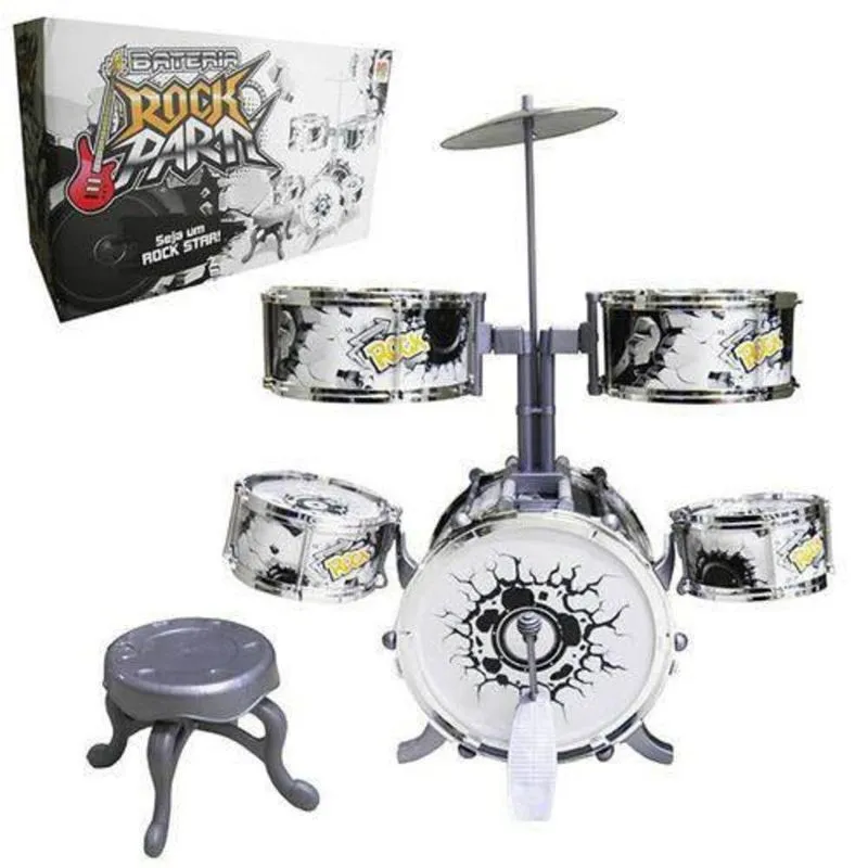 Bateria 12 Peças Musical Infantil Estilo Profissional Rocky Party Grande Com Pedal E Banqueta