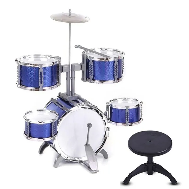 Bateria Musical Infantil Banqueta Estilo Profissional Rocky Boy 12 Peças Azul Com Pedal Completa