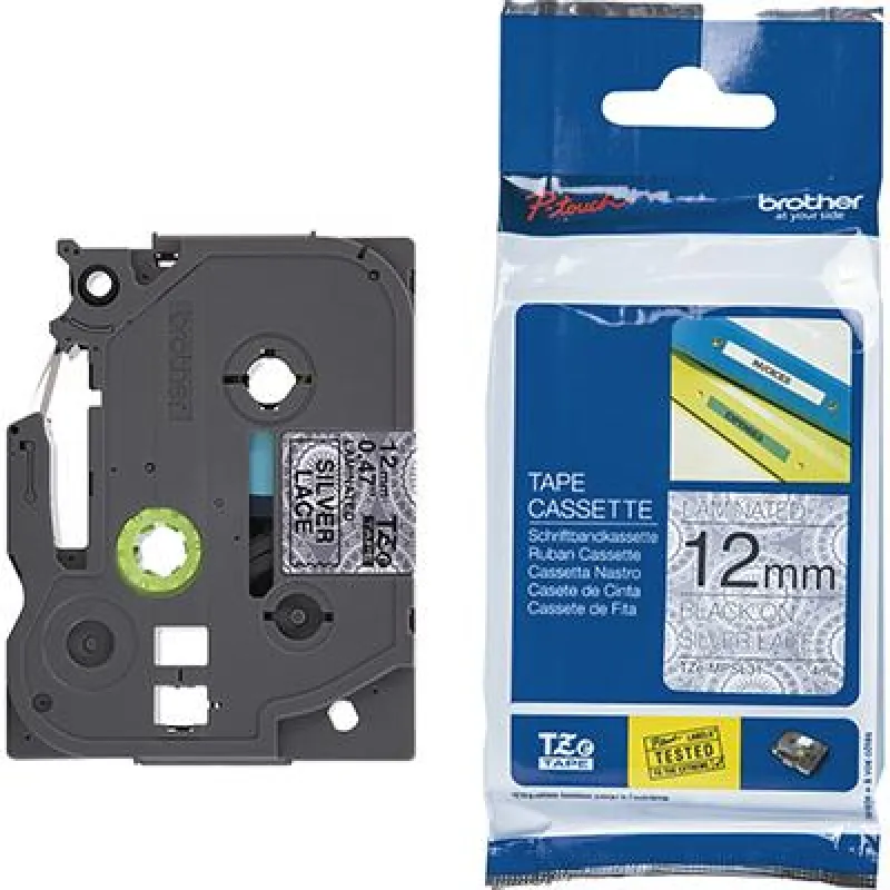 Fita Brother TZE-MPSL31 12mm Preto sobre Prata Renda