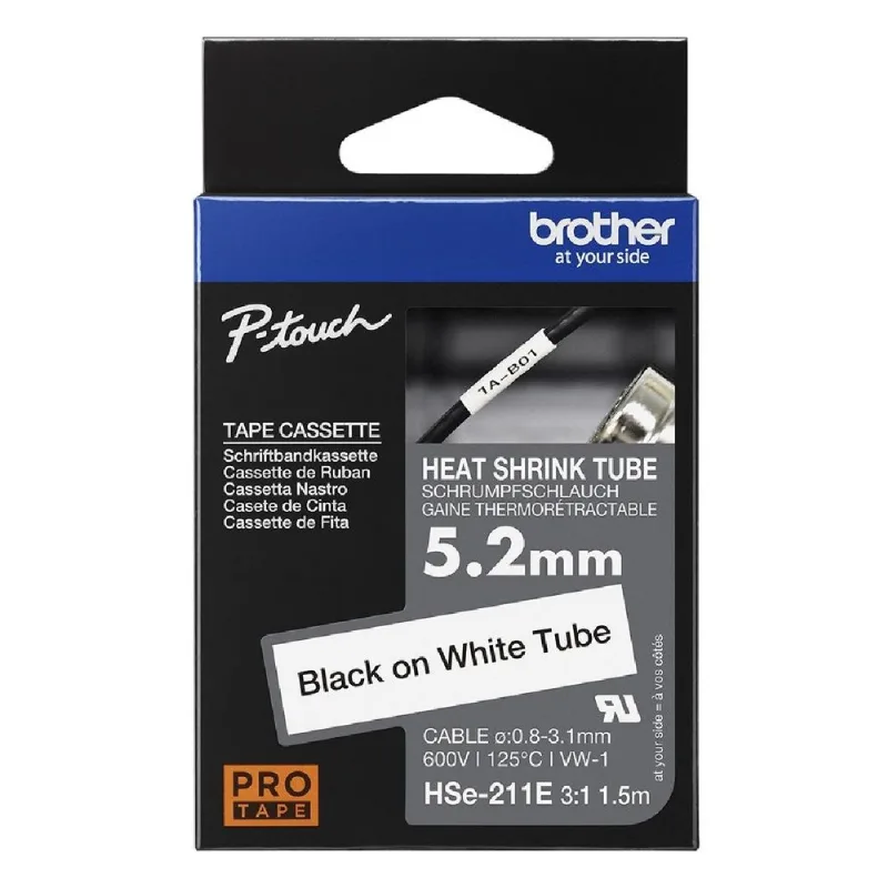 Fita Termocontrátil Brother - 5,2mm X 1,5m - Taxa De Contração 3:1 - Preto Sobre Branco - Hse211e