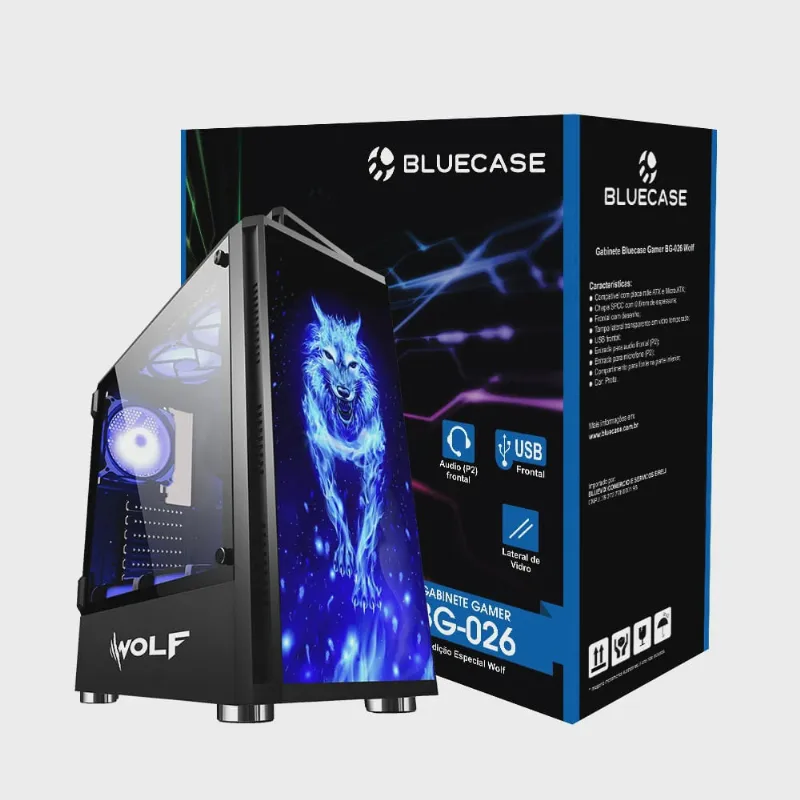 Gabinete Gamer Wolf Lateral Vidro Temperado Articulado BG-026 Bluecase