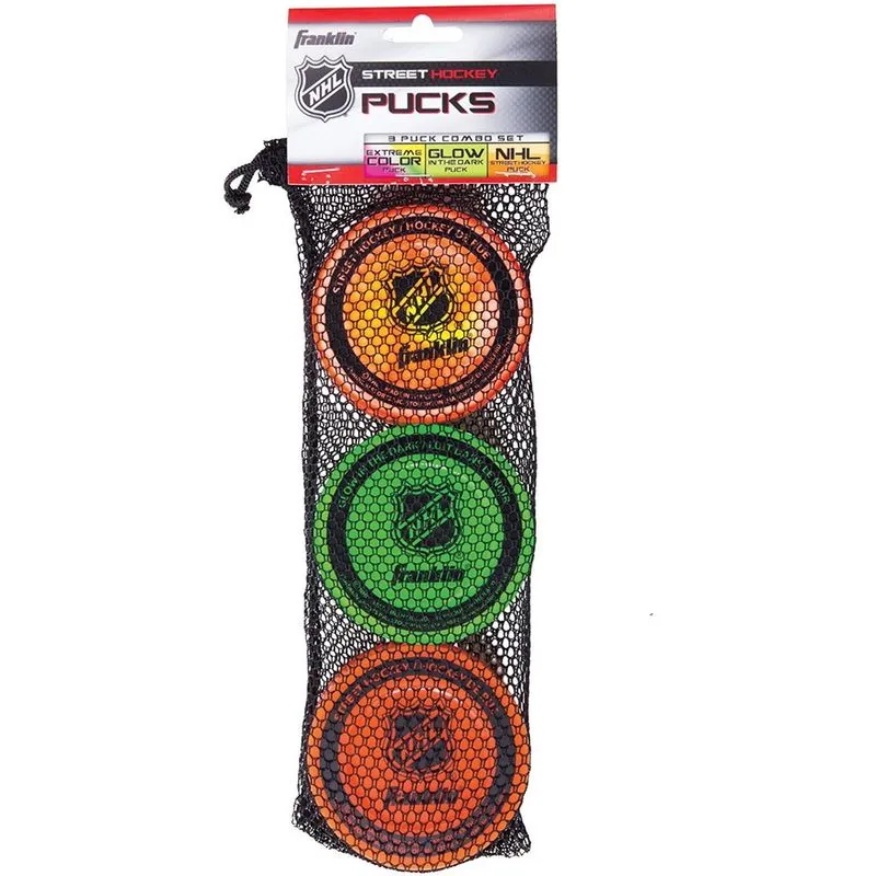 Franklin Sports Street Hockey Pucks - Disco de treino de hóquei indoor e street - 3-Pucks Cores Variadas