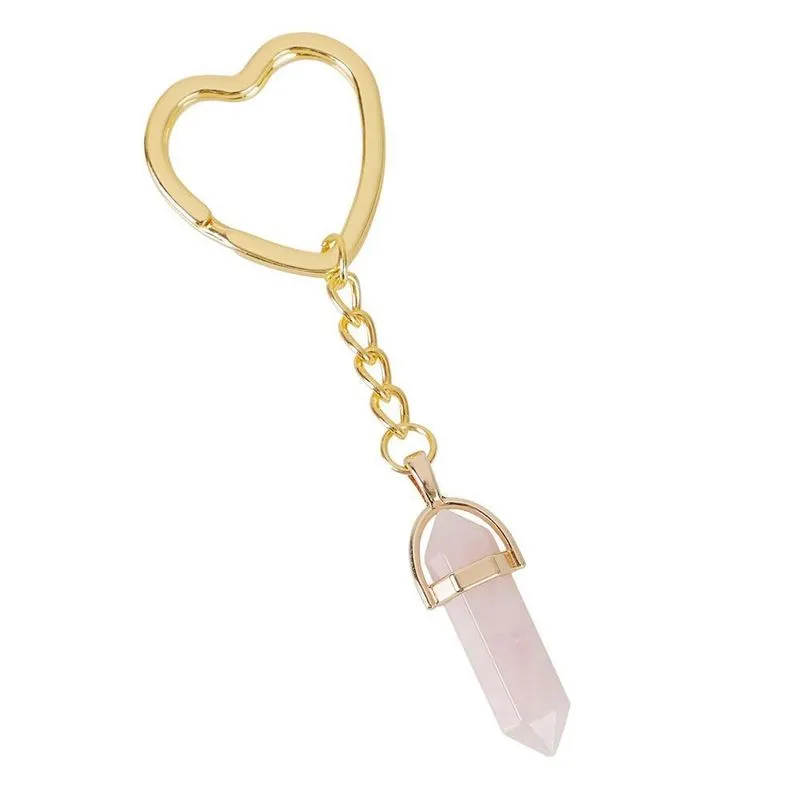Chaveiro Pedra Quartzo Rosa 9,5cm Tuli Argola Coração Dourada