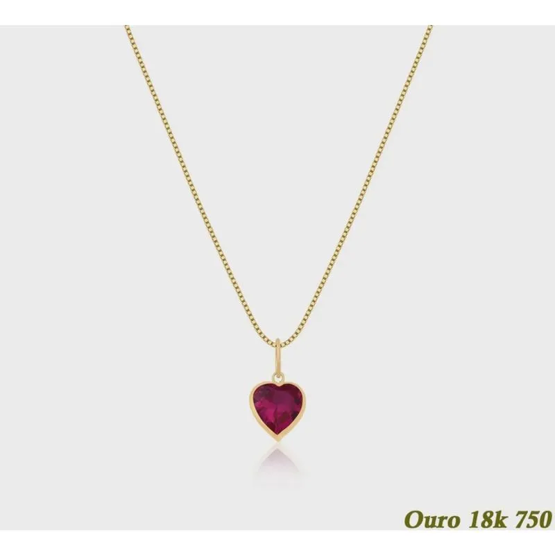 Cordão Colar Corrente Veneziana 50cm E Pingente Coração Vermelho Rubi Ouro 18k 750