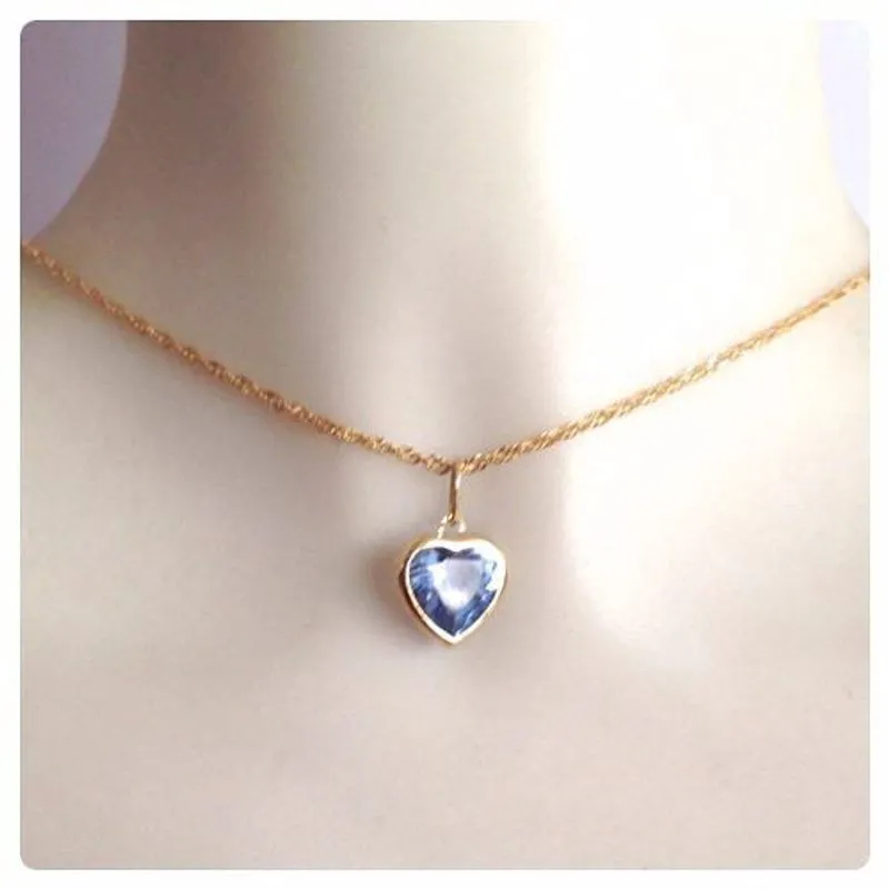 Cordão Feminino Singapura 50cm E Pingente Coração Azul Ouro 18k 750