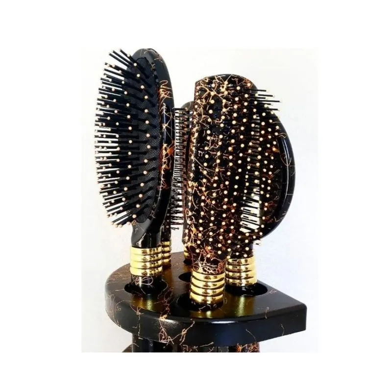 Kit 3 Escovas De Cabelo + Pente E Espelho - Preto E Dourado