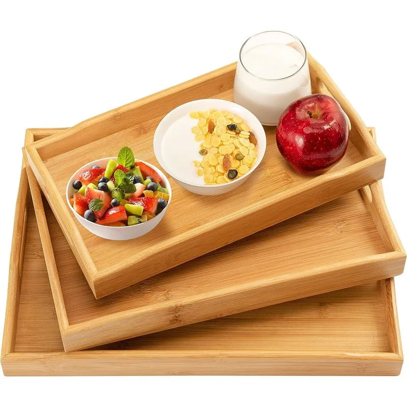 3 Pack Bamboo Bandeja De Comida Bandeja De Servir Com Alças Multi-use
