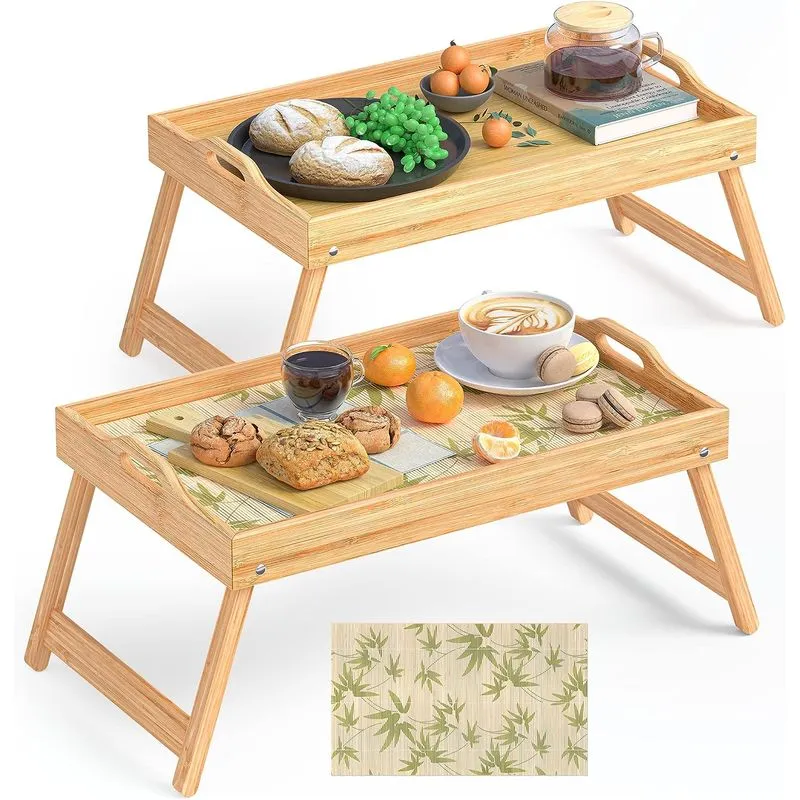 2 Pack Bamboo Bed Tray Table Bandeja De Café Da Manhã W / Ba Removível