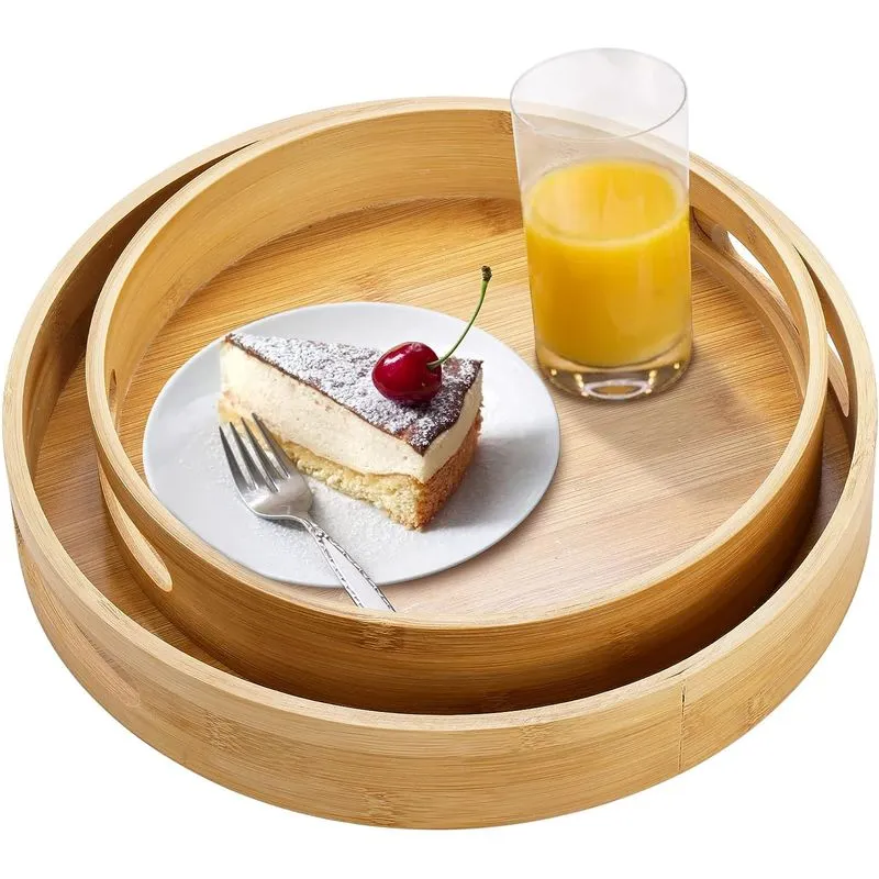 2 Pack Bandeja De Serviço De Bambu Com Alça 10 &amp;12 Polegadas Round Ba