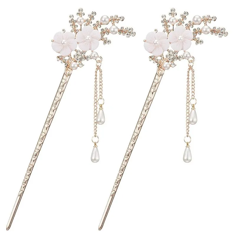 2 Pcs Strass Pérola Flor De Cabelo Vara Chinesa Cabelo Chopst