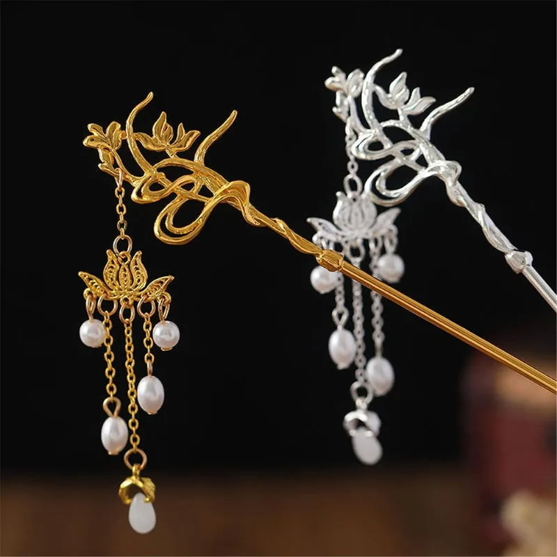 2 Pcs Ouro E Prata Retro Lotus Pearl Hair Stick Alloy Tas