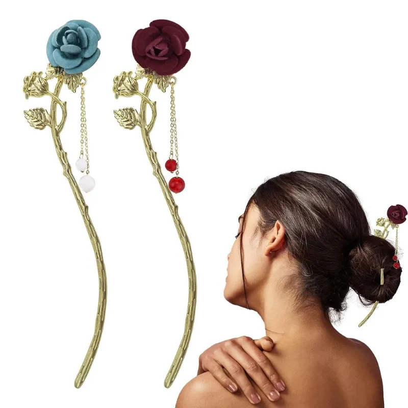 2 Pack Rosa Flores Cabelo Stick Metal Retro Pearl Tassel Cabelo