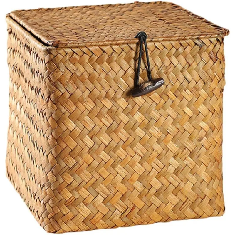 Cesta De Armazenamento De Vime De Palha Com Tampa De Armazenamento De Vime Quadrado B