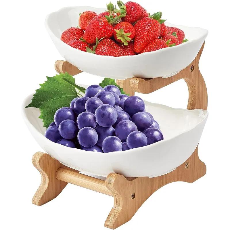 Tigelas De Cerâmica Oval Da Tigela Da Fruta Com Rack De Madeira Amarrado Servindo Tr